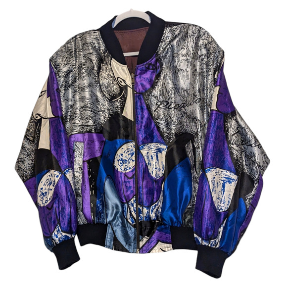 80s Pablo Picasso Satin AOP Full Zip Bomber jacket - Picture 1 of 4